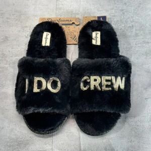Dearfoams Women's Black Faux-Fur Memory Foam I do Crew Slide Slippers SZ L(9-10)